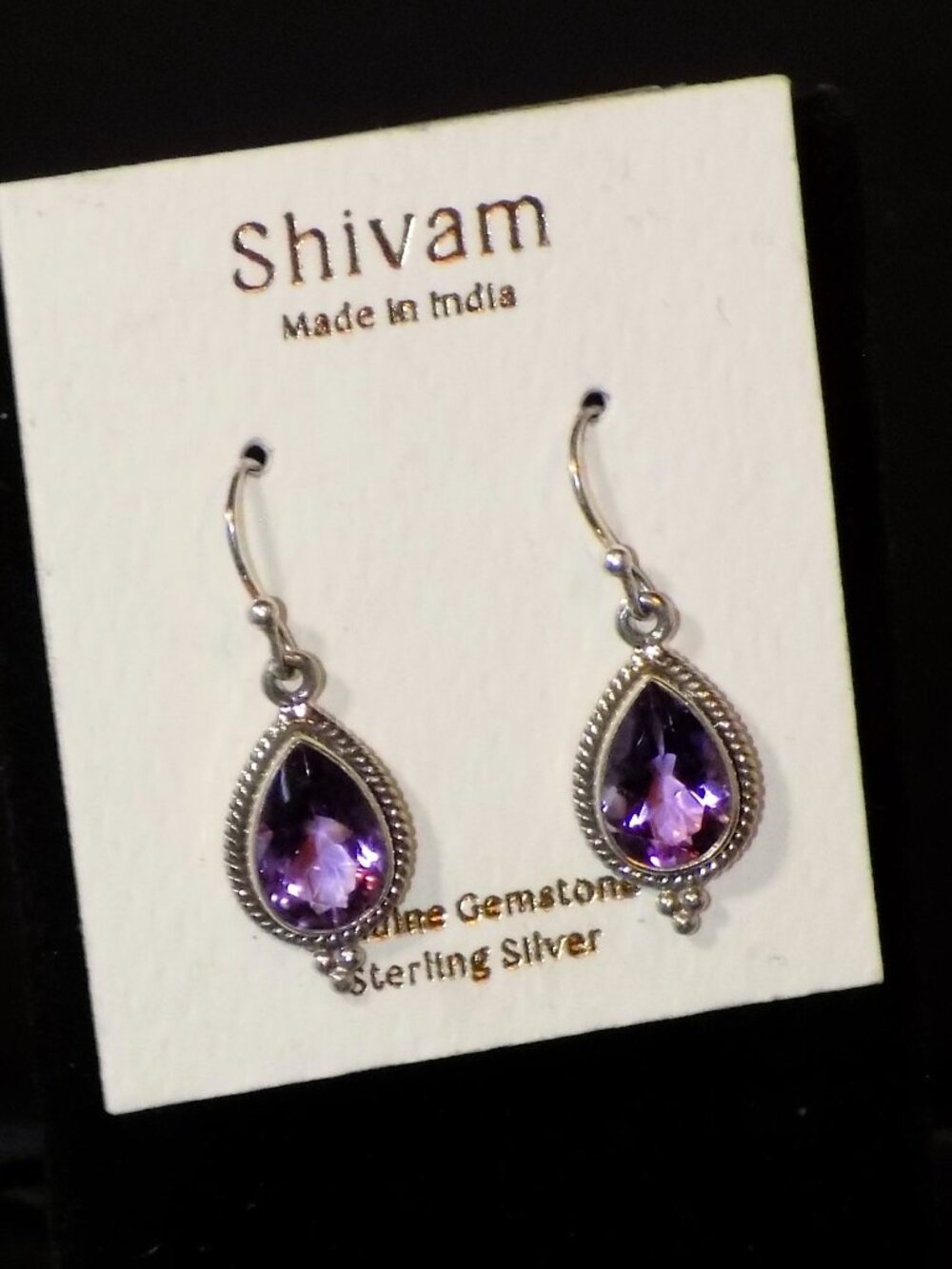 New Shivan Genuine Gemstone Amethyst & Sterling Silver Teardrop Earrings, India